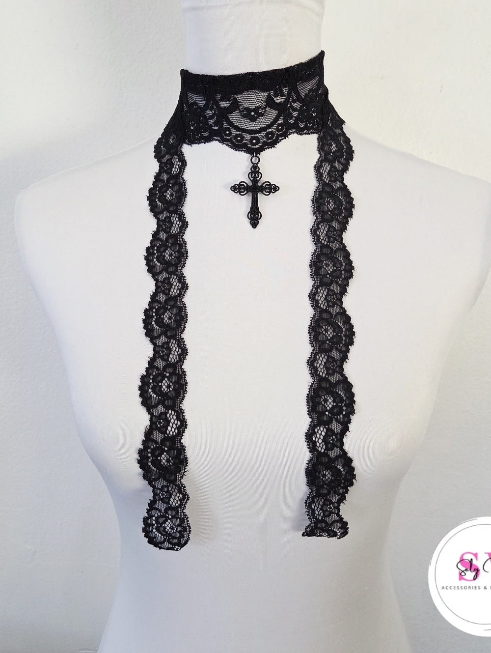 Black Lace Wrap Around Choker With Cross Pendant